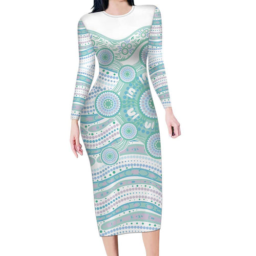 Australian Indigenous Aboriginal Art Family Matching Long Sleeve Bodycon Dress and Hawaiian Shirt Vivid Pastel Teal Green