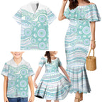 Australian Indigenous Aboriginal Art Family Matching Mermaid Dress and Hawaiian Shirt Vivid Pastel Teal Green