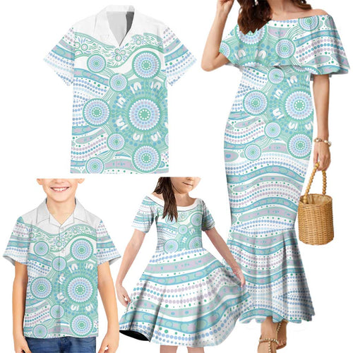 Australian Indigenous Aboriginal Art Family Matching Mermaid Dress and Hawaiian Shirt Vivid Pastel Teal Green