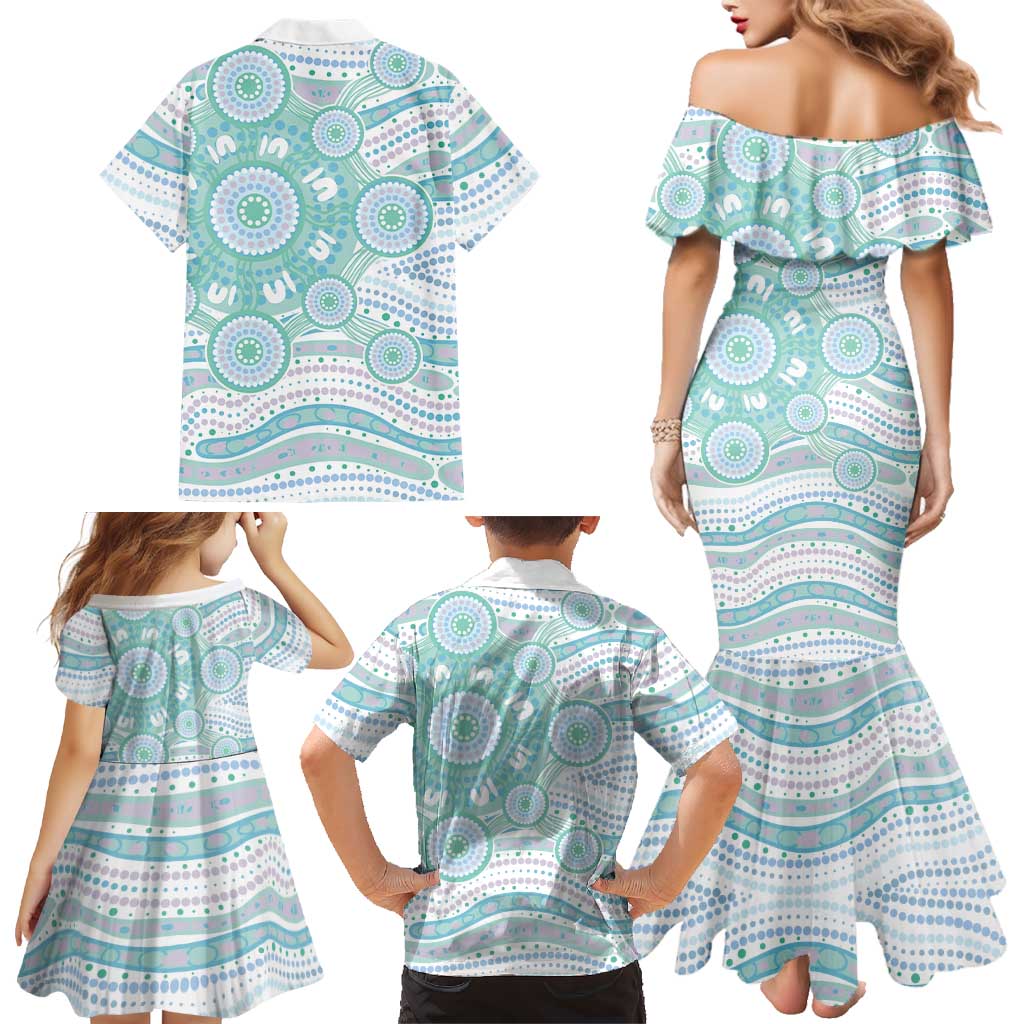 Australian Indigenous Aboriginal Art Family Matching Mermaid Dress and Hawaiian Shirt Vivid Pastel Teal Green