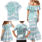 Australian Indigenous Aboriginal Art Family Matching Mermaid Dress and Hawaiian Shirt Vivid Pastel Teal Green