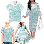 Australian Indigenous Aboriginal Art Family Matching Off The Shoulder Long Sleeve Dress and Hawaiian Shirt Vivid Pastel Teal Green