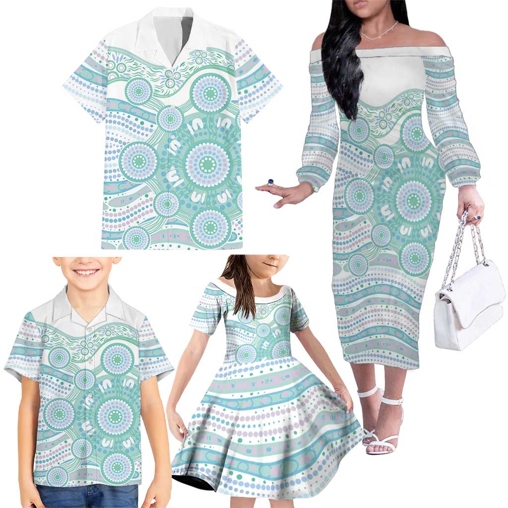 Australian Indigenous Aboriginal Art Family Matching Off The Shoulder Long Sleeve Dress and Hawaiian Shirt Vivid Pastel Teal Green
