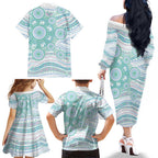 Australian Indigenous Aboriginal Art Family Matching Off The Shoulder Long Sleeve Dress and Hawaiian Shirt Vivid Pastel Teal Green