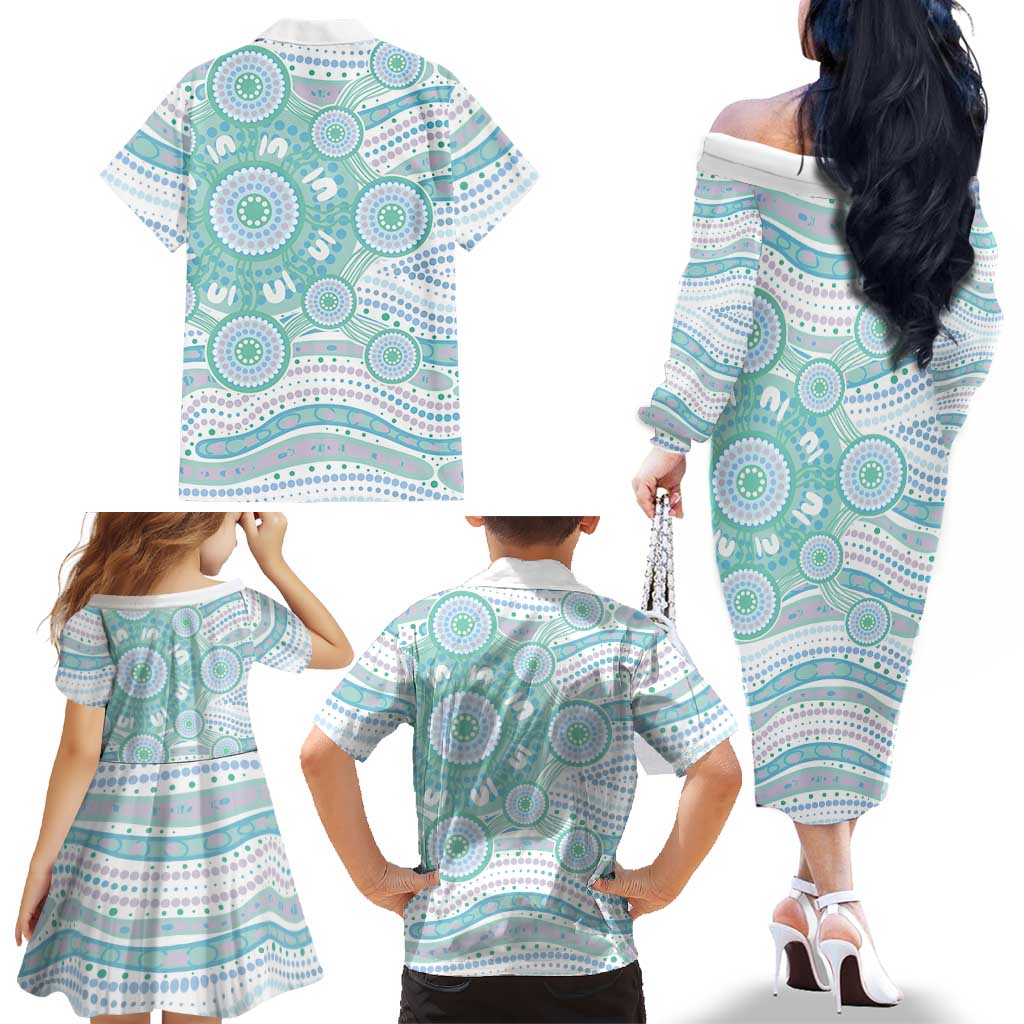 Australian Indigenous Aboriginal Art Family Matching Off The Shoulder Long Sleeve Dress and Hawaiian Shirt Vivid Pastel Teal Green