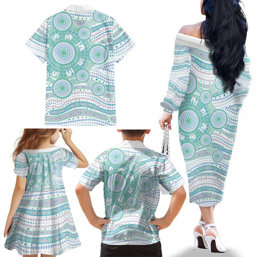 Australian Indigenous Aboriginal Art Family Matching Off The Shoulder Long Sleeve Dress and Hawaiian Shirt Vivid Pastel Teal Green