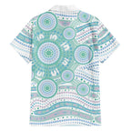 Australian Indigenous Aboriginal Art Family Matching Off The Shoulder Long Sleeve Dress and Hawaiian Shirt Vivid Pastel Teal Green