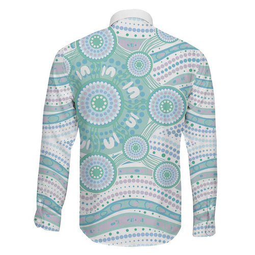 Australian Indigenous Aboriginal Art Family Matching Off The Shoulder Long Sleeve Dress and Hawaiian Shirt Vivid Pastel Teal Green