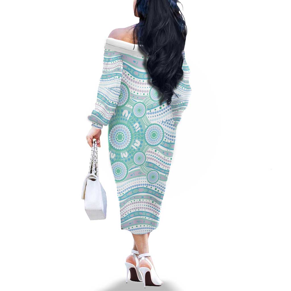 Australian Indigenous Aboriginal Art Family Matching Off The Shoulder Long Sleeve Dress and Hawaiian Shirt Vivid Pastel Teal Green