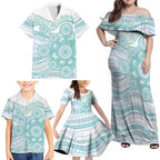 Australian Indigenous Aboriginal Art Family Matching Off Shoulder Maxi Dress and Hawaiian Shirt Vivid Pastel Teal Green