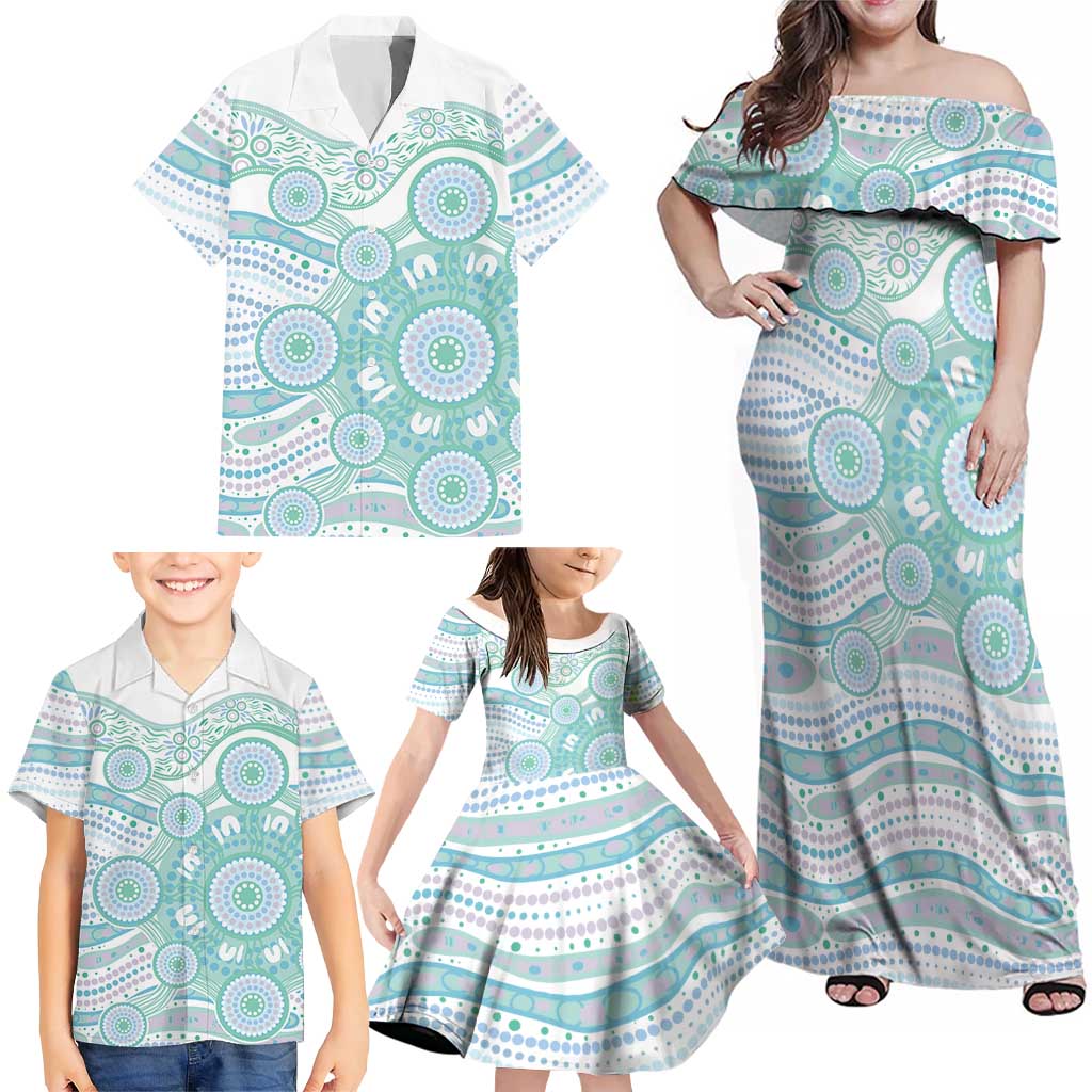 Australian Indigenous Aboriginal Art Family Matching Off Shoulder Maxi Dress and Hawaiian Shirt Vivid Pastel Teal Green