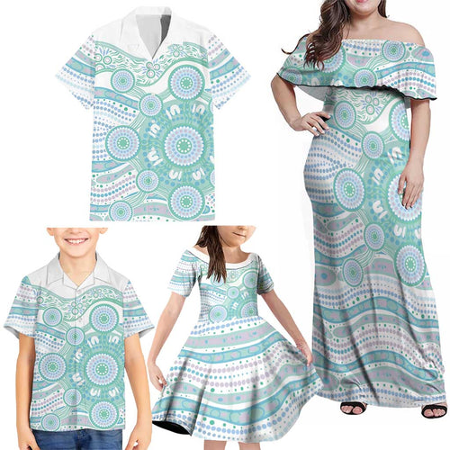 Australian Indigenous Aboriginal Art Family Matching Off Shoulder Maxi Dress and Hawaiian Shirt Vivid Pastel Teal Green