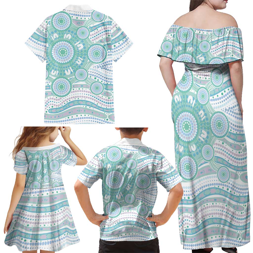 Australian Indigenous Aboriginal Art Family Matching Off Shoulder Maxi Dress and Hawaiian Shirt Vivid Pastel Teal Green