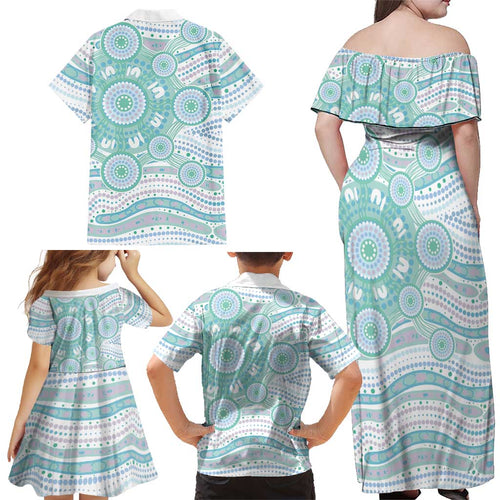 Australian Indigenous Aboriginal Art Family Matching Off Shoulder Maxi Dress and Hawaiian Shirt Vivid Pastel Teal Green