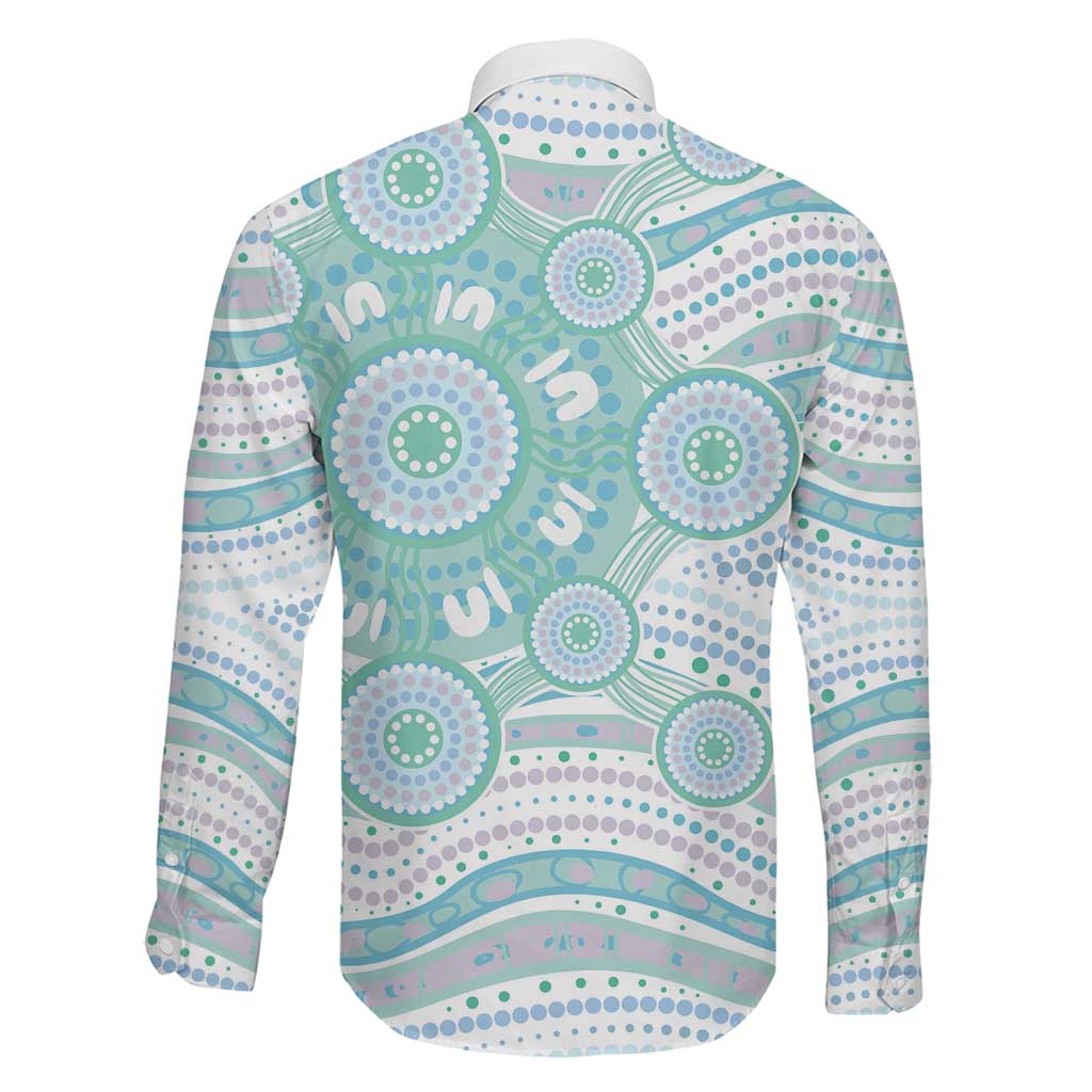 Australian Indigenous Aboriginal Art Family Matching Off Shoulder Maxi Dress and Hawaiian Shirt Vivid Pastel Teal Green