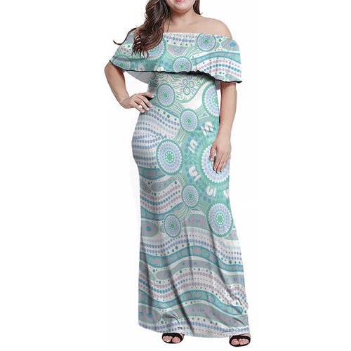 Australian Indigenous Aboriginal Art Family Matching Off Shoulder Maxi Dress and Hawaiian Shirt Vivid Pastel Teal Green