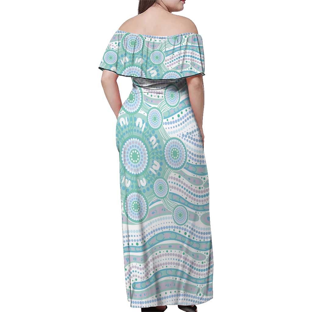 Australian Indigenous Aboriginal Art Family Matching Off Shoulder Maxi Dress and Hawaiian Shirt Vivid Pastel Teal Green