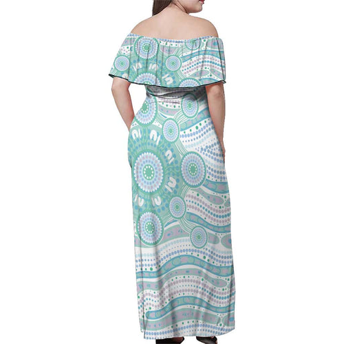 Australian Indigenous Aboriginal Art Family Matching Off Shoulder Maxi Dress and Hawaiian Shirt Vivid Pastel Teal Green