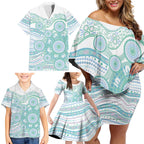Australian Indigenous Aboriginal Art Family Matching Off Shoulder Short Dress and Hawaiian Shirt Vivid Pastel Teal Green