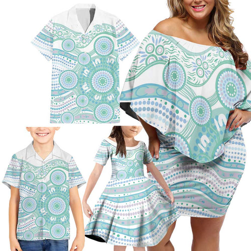 Australian Indigenous Aboriginal Art Family Matching Off Shoulder Short Dress and Hawaiian Shirt Vivid Pastel Teal Green