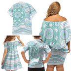 Australian Indigenous Aboriginal Art Family Matching Off Shoulder Short Dress and Hawaiian Shirt Vivid Pastel Teal Green