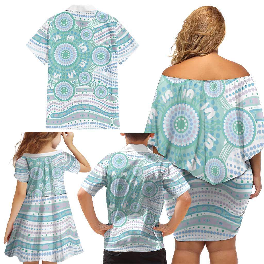 Australian Indigenous Aboriginal Art Family Matching Off Shoulder Short Dress and Hawaiian Shirt Vivid Pastel Teal Green