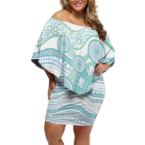 Australian Indigenous Aboriginal Art Family Matching Off Shoulder Short Dress and Hawaiian Shirt Vivid Pastel Teal Green