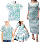 Australian Indigenous Aboriginal Art Family Matching Puletasi and Hawaiian Shirt Vivid Pastel Teal Green