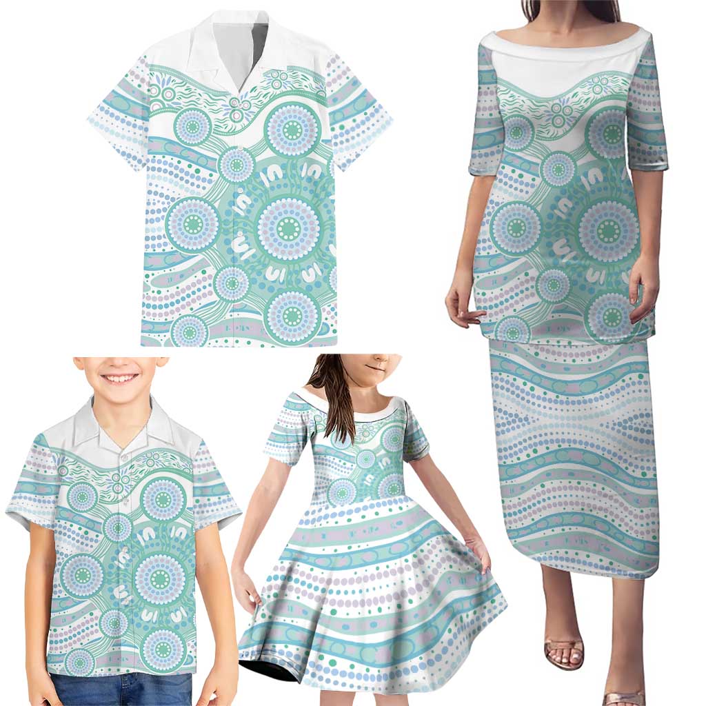 Australian Indigenous Aboriginal Art Family Matching Puletasi and Hawaiian Shirt Vivid Pastel Teal Green