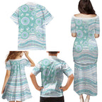 Australian Indigenous Aboriginal Art Family Matching Puletasi and Hawaiian Shirt Vivid Pastel Teal Green