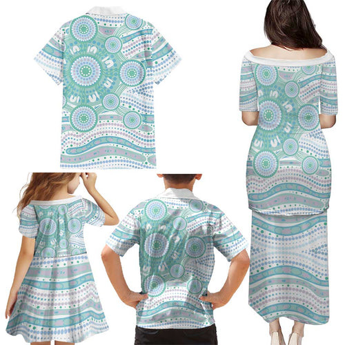 Australian Indigenous Aboriginal Art Family Matching Puletasi and Hawaiian Shirt Vivid Pastel Teal Green