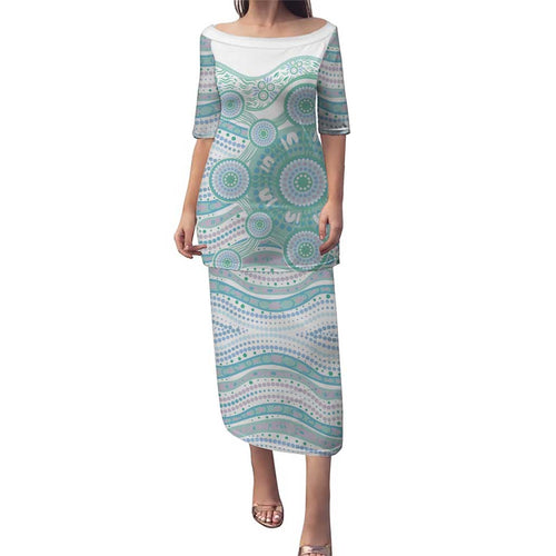 Australian Indigenous Aboriginal Art Family Matching Puletasi and Hawaiian Shirt Vivid Pastel Teal Green