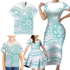 Australian Indigenous Aboriginal Art Family Matching Short Sleeve Bodycon Dress and Hawaiian Shirt Vivid Pastel Teal Green