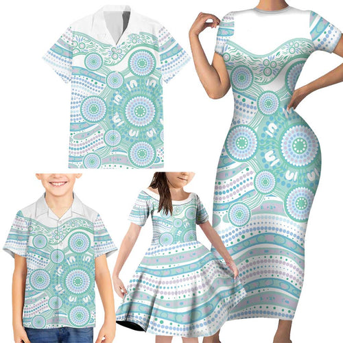 Australian Indigenous Aboriginal Art Family Matching Short Sleeve Bodycon Dress and Hawaiian Shirt Vivid Pastel Teal Green