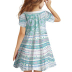 Australian Indigenous Aboriginal Art Family Matching Short Sleeve Bodycon Dress and Hawaiian Shirt Vivid Pastel Teal Green