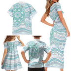 Australian Indigenous Aboriginal Art Family Matching Short Sleeve Bodycon Dress and Hawaiian Shirt Vivid Pastel Teal Green