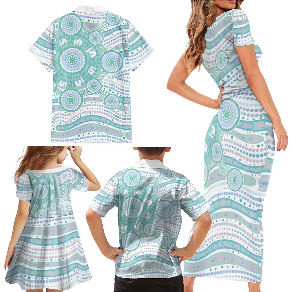 Australian Indigenous Aboriginal Art Family Matching Short Sleeve Bodycon Dress and Hawaiian Shirt Vivid Pastel Teal Green