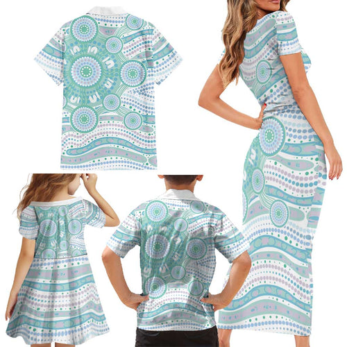 Australian Indigenous Aboriginal Art Family Matching Short Sleeve Bodycon Dress and Hawaiian Shirt Vivid Pastel Teal Green