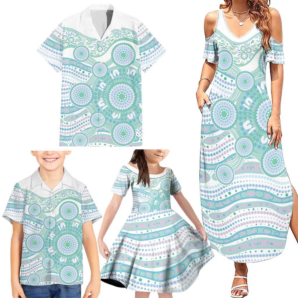 Australian Indigenous Aboriginal Art Family Matching Summer Maxi Dress and Hawaiian Shirt Vivid Pastel Teal Green