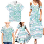 Australian Indigenous Aboriginal Art Family Matching Summer Maxi Dress and Hawaiian Shirt Vivid Pastel Teal Green
