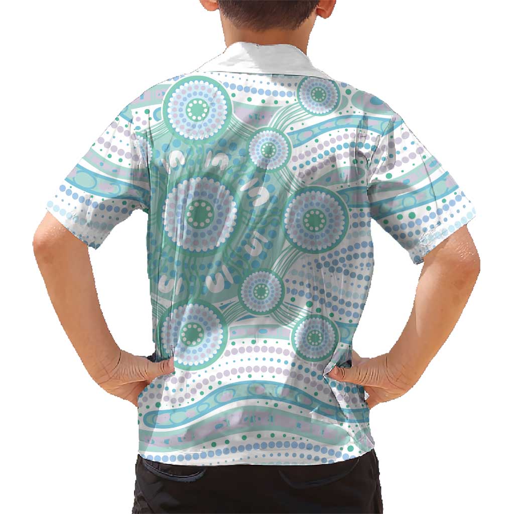 Australian Indigenous Aboriginal Art Family Matching Summer Maxi Dress and Hawaiian Shirt Vivid Pastel Teal Green