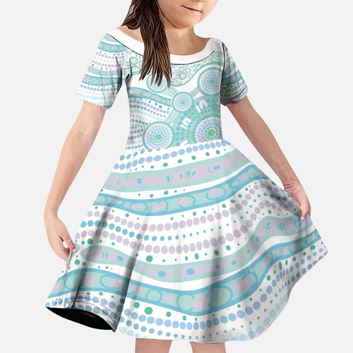 Australian Indigenous Aboriginal Art Family Matching Summer Maxi Dress and Hawaiian Shirt Vivid Pastel Teal Green