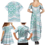 Australian Indigenous Aboriginal Art Family Matching Summer Maxi Dress and Hawaiian Shirt Vivid Pastel Teal Green