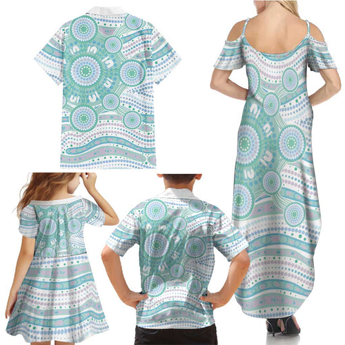 Australian Indigenous Aboriginal Art Family Matching Summer Maxi Dress and Hawaiian Shirt Vivid Pastel Teal Green