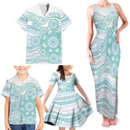 Australian Indigenous Aboriginal Art Family Matching Tank Maxi Dress and Hawaiian Shirt Vivid Pastel Teal Green