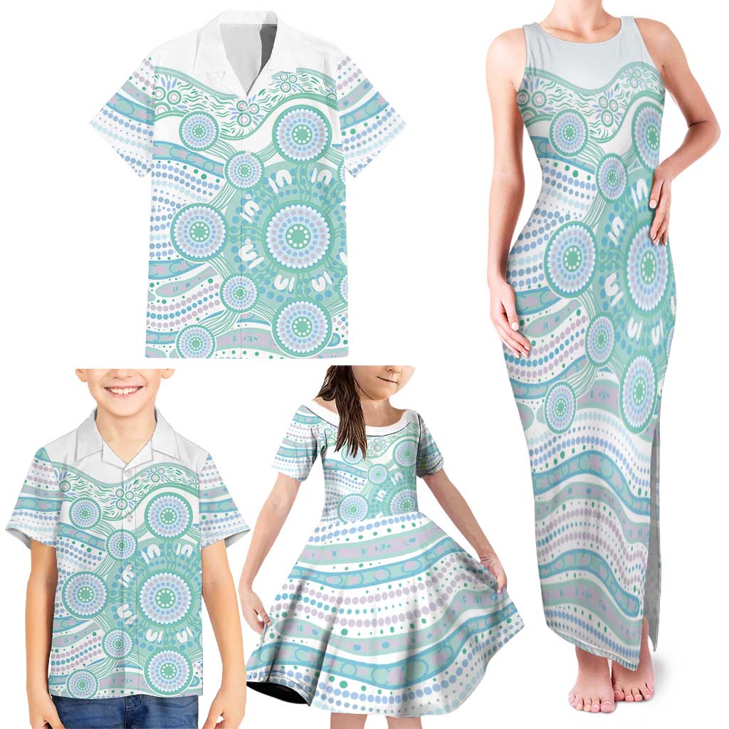 Australian Indigenous Aboriginal Art Family Matching Tank Maxi Dress and Hawaiian Shirt Vivid Pastel Teal Green