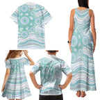 Australian Indigenous Aboriginal Art Family Matching Tank Maxi Dress and Hawaiian Shirt Vivid Pastel Teal Green