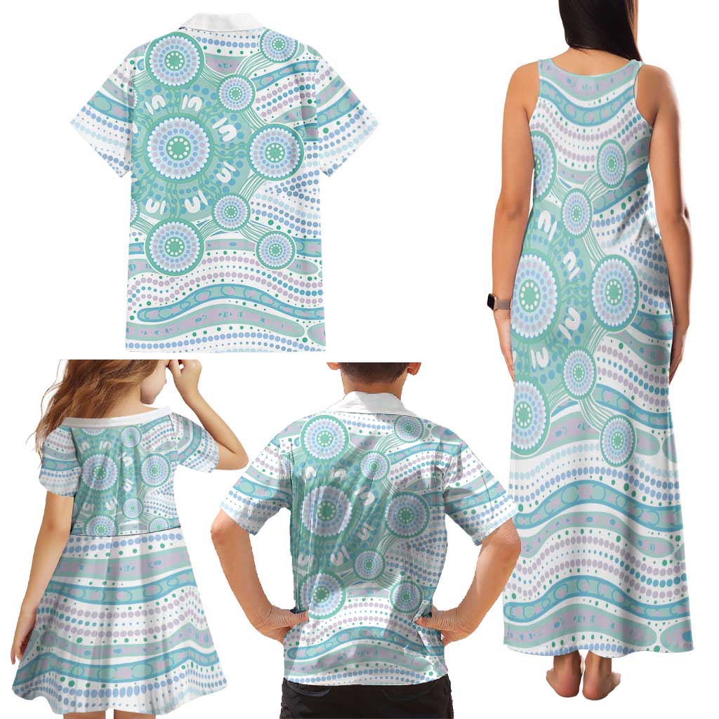 Australian Indigenous Aboriginal Art Family Matching Tank Maxi Dress and Hawaiian Shirt Vivid Pastel Teal Green