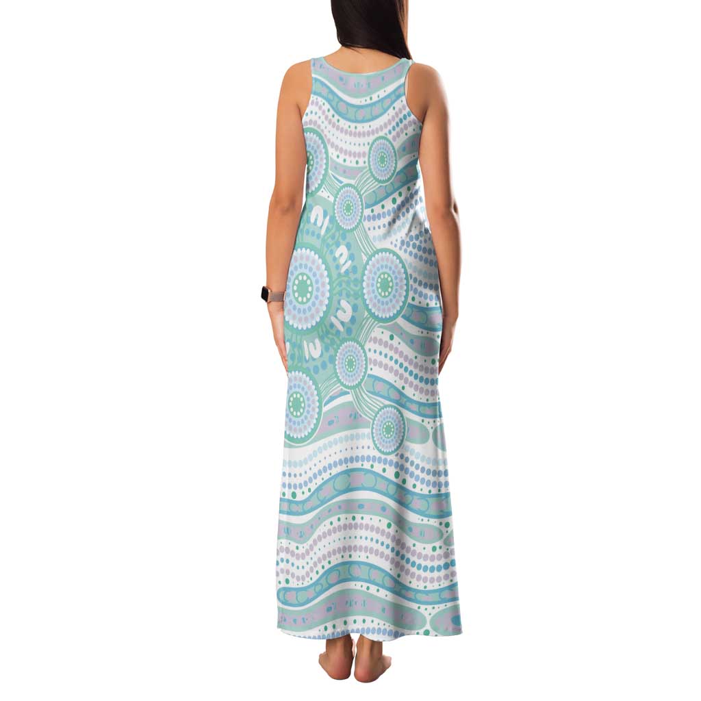 Australian Indigenous Aboriginal Art Family Matching Tank Maxi Dress and Hawaiian Shirt Vivid Pastel Teal Green