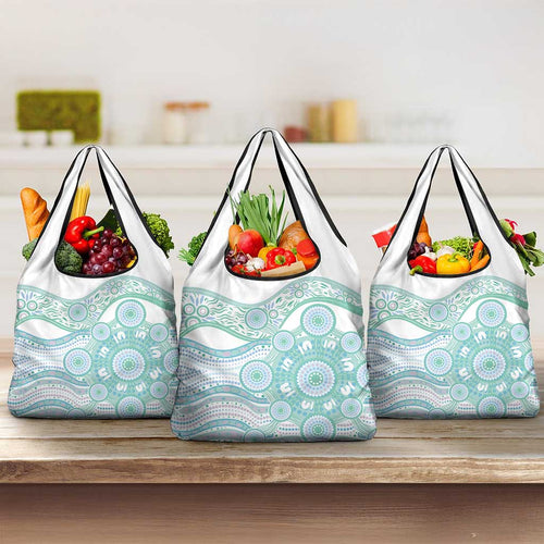 Australian Indigenous Aboriginal Art Grocery Bag Vivid Pastel Teal Green